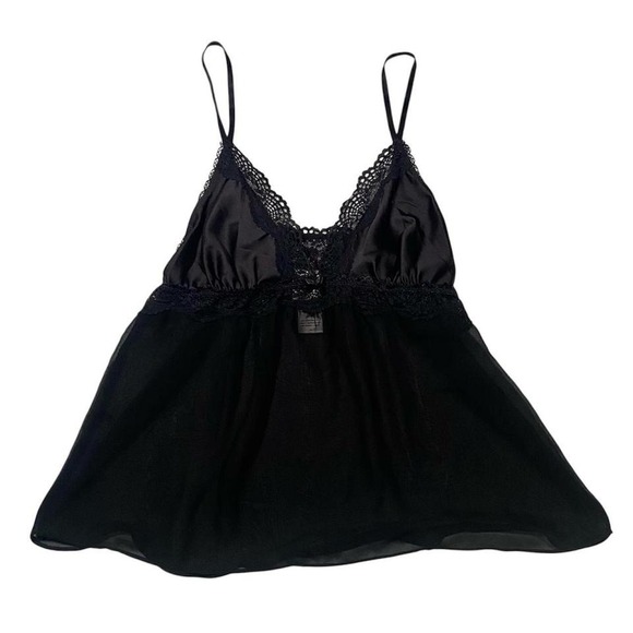 Tops - Babydoll Y2K Black Lace Trim Tank Top Chemise‎ Sheer Fairy Festival Lingerie